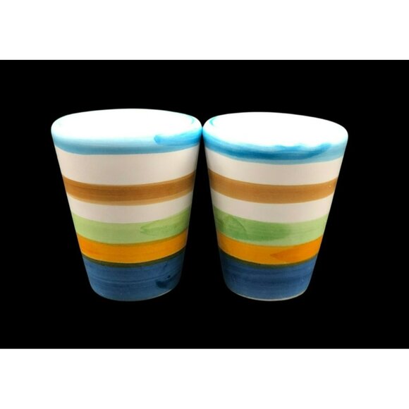 Set Of 2 Striped Ceramic Espresso/Shot Glasses 2.5x2 In Hand-Painted Multicolor - Picture 6 of 7